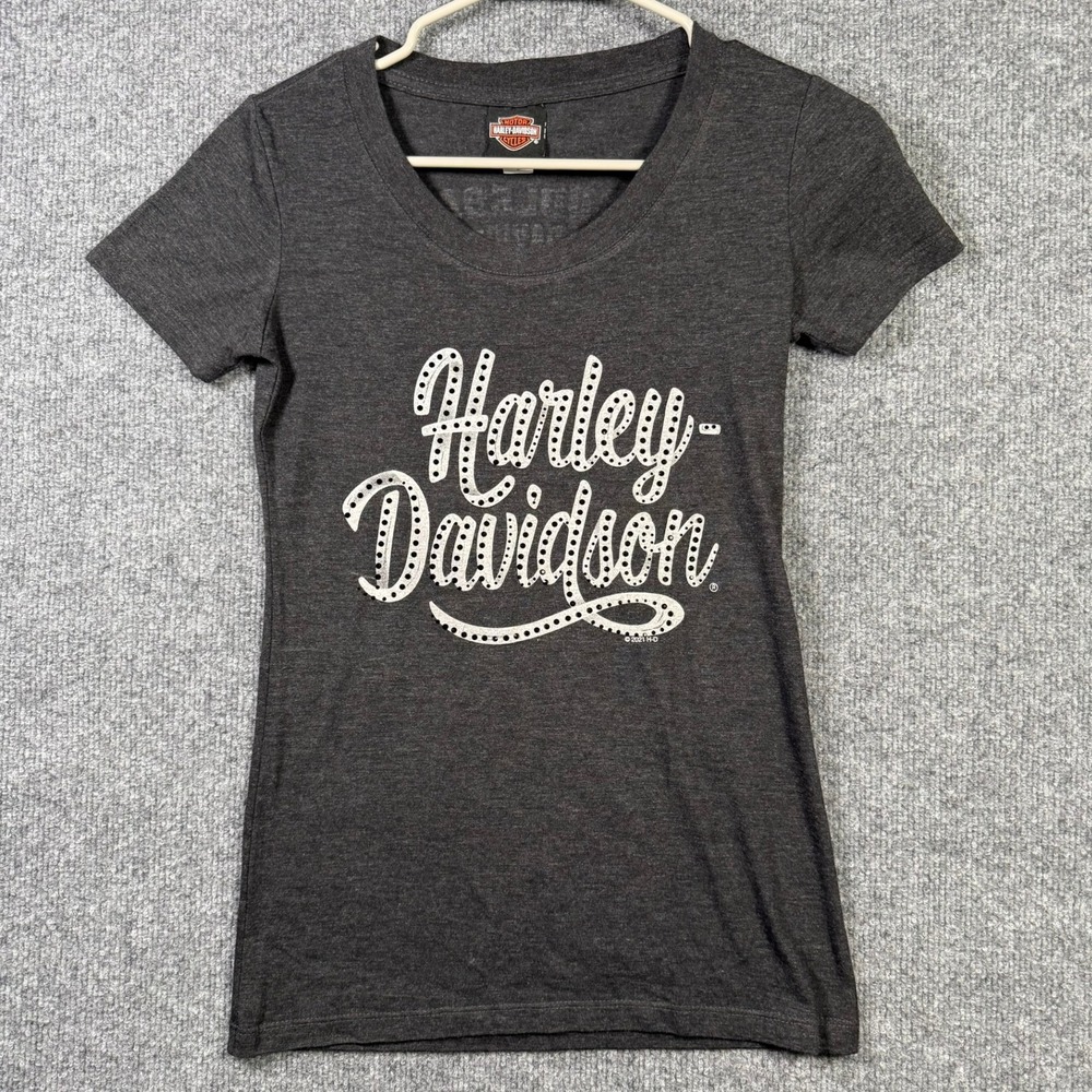 Harley-Davidson T-Shirt Womens Small Gray Rhinestone Logo Saddleback Logan UT